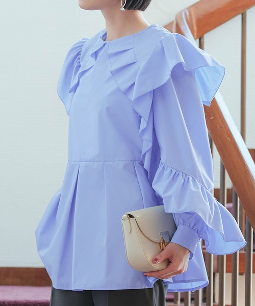 RUIRUE BOUTIQUE(ルイルエブティック)の「洗える | フリルスリーブデザインシャツブラウス | 長袖 シャツ地 二の腕カバー 袖ボリューム フリル オフィスカジュアル 通勤服 華やか トップス ブラウス(シャツ/ブラウス・レディース・ブラック/ブルー/オフホワイト・S/M/L/LL)」の16枚目の写真