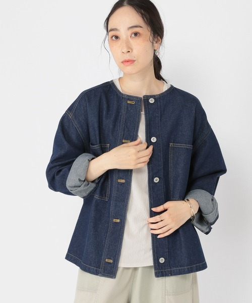 studio CLIP（スタディオクリップ）の「ノーカラーデニムGジャン（ノーカラージャケット・レディース・ブルー/インディゴブルー・FREE）」の16枚目の写真