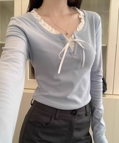 Mayree（メイリー）の「【Mayree】レイヤード デザイン ヘンリーネック カットソー（Tシャツ/カットソー・レディース・ネイビー/ブルー/アイボリー・SMALL/MEDIUM/LARGE）」の6枚目の写真