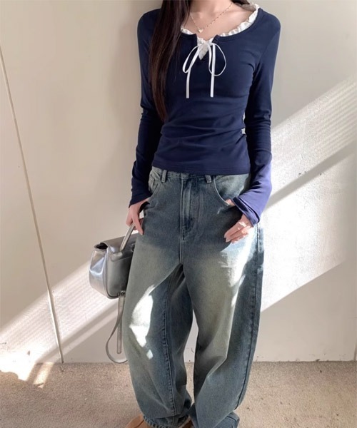 Mayree（メイリー）の「【Mayree】レイヤード デザイン ヘンリーネック カットソー（Tシャツ/カットソー・レディース・ネイビー/ブルー/アイボリー・SMALL/MEDIUM/LARGE）」の5枚目の写真