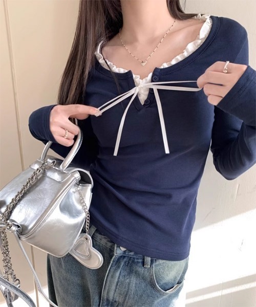 Mayree（メイリー）の「【Mayree】レイヤード デザイン ヘンリーネック カットソー（Tシャツ/カットソー・レディース・ネイビー/ブルー/アイボリー・SMALL/MEDIUM/LARGE）」の4枚目の写真