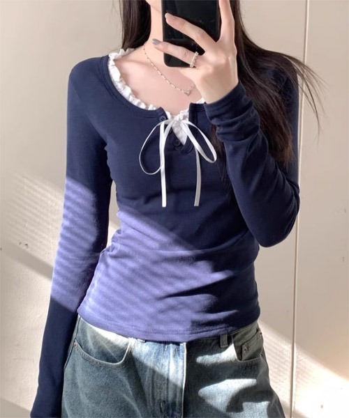 Mayree（メイリー）の「【Mayree】レイヤード デザイン ヘンリーネック カットソー（Tシャツ/カットソー・レディース・ネイビー/ブルー/アイボリー・SMALL/MEDIUM/LARGE）」の12枚目の写真