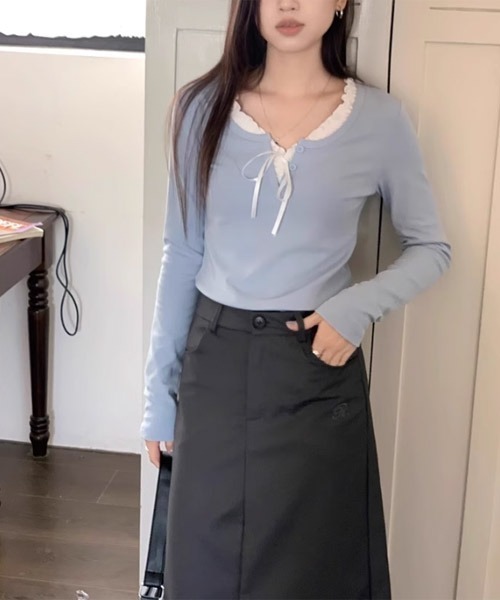 Mayree（メイリー）の「【Mayree】レイヤード デザイン ヘンリーネック カットソー（Tシャツ/カットソー・レディース・ネイビー/ブルー/アイボリー・SMALL/MEDIUM/LARGE）」の11枚目の写真