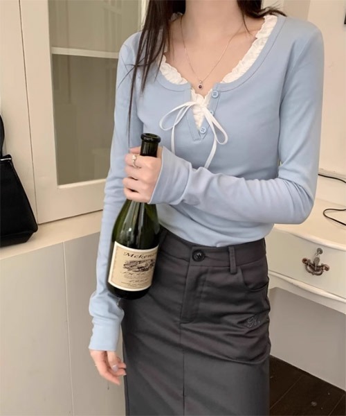 Mayree（メイリー）の「【Mayree】レイヤード デザイン ヘンリーネック カットソー（Tシャツ/カットソー・レディース・ネイビー/ブルー/アイボリー・SMALL/MEDIUM/LARGE）」の10枚目の写真