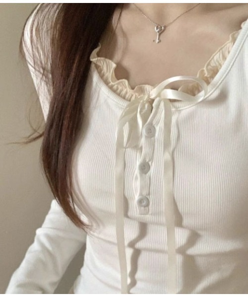 Mayree（メイリー）の「【Mayree】レイヤード デザイン ヘンリーネック カットソー（Tシャツ/カットソー・レディース・ネイビー/ブルー/アイボリー・SMALL/MEDIUM/LARGE）」の15枚目の写真