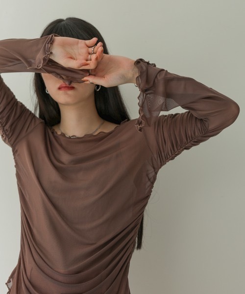 Bab(バブ)の「チュールギャザーフレアースリーブトップス(Tシャツ/カットソー・レディース・ブラック/アイボリー/ブラウン/ピンク・FREE)」の16枚目の写真