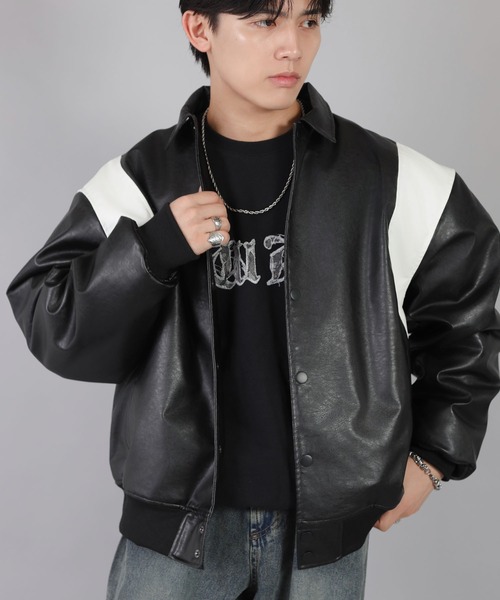 SPINNS（スピンズ）の「ストリート＆グランジ/中綿で防寒性◎切替合皮スタジャン（スタジャン・メンズ・ブラウン/ブラック・ONESIZE）」の9枚目の写真