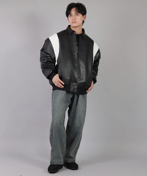 SPINNS（スピンズ）の「ストリート＆グランジ/中綿で防寒性◎切替合皮スタジャン（スタジャン・メンズ・ブラウン/ブラック・ONESIZE）」の7枚目の写真