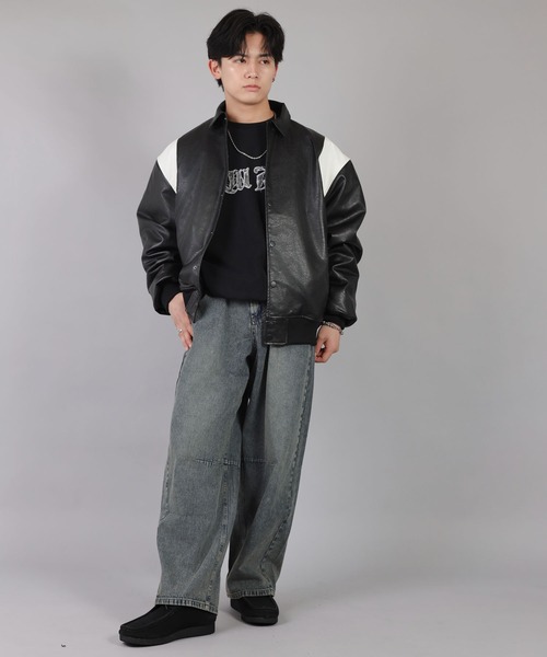 SPINNS（スピンズ）の「ストリート＆グランジ/中綿で防寒性◎切替合皮スタジャン（スタジャン・メンズ・ブラウン/ブラック・ONESIZE）」の10枚目の写真