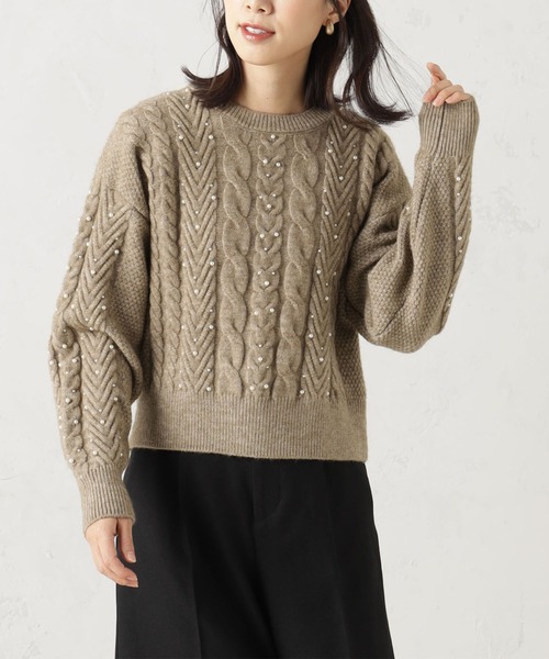 FOUND GOOD(ファウンドグッド)の「パールツキケーブルニットPO(ニット/セーター・レディース・ベージュ/グレー系5/ブラック・L/M/S)」の1枚目の写真