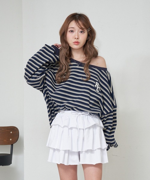 RAY CASSIN（レイカズン）の「マルチボーダーオフショルTシャツ　/　ルーズTシャツ（Tシャツ/カットソー・レディース・グレー系その他2/ホワイト系その他2/ボルドー/ネイビー・FREE）」の4枚目の写真