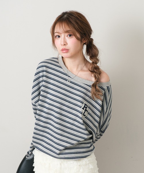 RAY CASSIN（レイカズン）の「マルチボーダーオフショルTシャツ　/　ルーズTシャツ（Tシャツ/カットソー・レディース・グレー系その他2/ホワイト系その他2/ボルドー/ネイビー・FREE）」の3枚目の写真