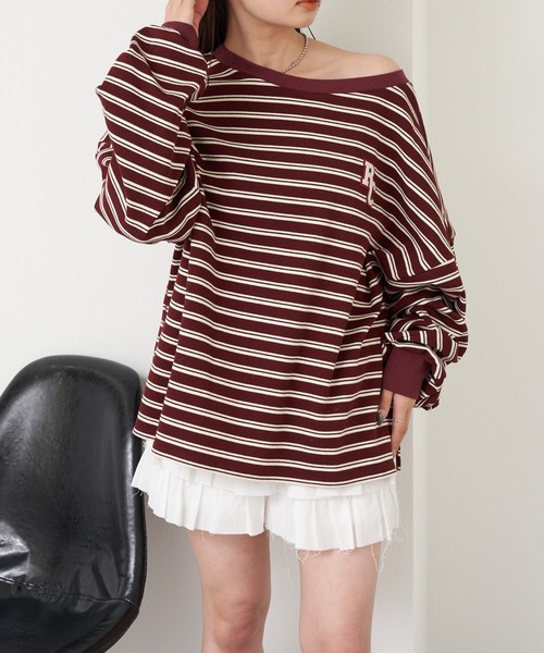 RAY CASSIN（レイカズン）の「マルチボーダーオフショルTシャツ　/　ルーズTシャツ（Tシャツ/カットソー・レディース・グレー系その他2/ホワイト系その他2/ボルドー/ネイビー・FREE）」の10枚目の写真