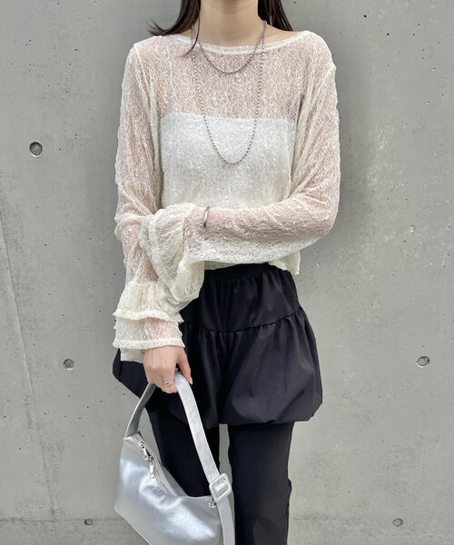 mline（エムライン）の「[mline]袖フリルレースプルオーバー（Tシャツ/カットソー・レディース・アイボリー/ブラック・FREE）」の3枚目の写真