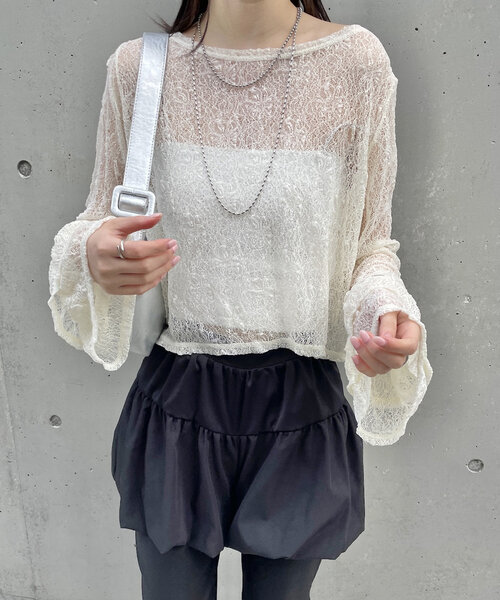 mline（エムライン）の「[mline]袖フリルレースプルオーバー（Tシャツ/カットソー・レディース・アイボリー/ブラック・FREE）」の4枚目の写真