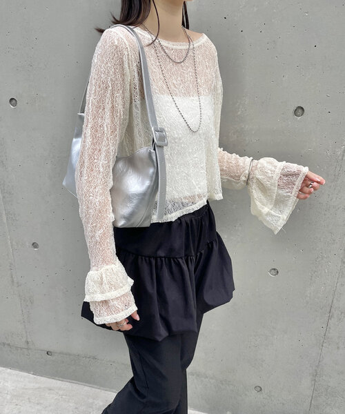 mline（エムライン）の「[mline]袖フリルレースプルオーバー（Tシャツ/カットソー・レディース・アイボリー/ブラック・FREE）」の5枚目の写真