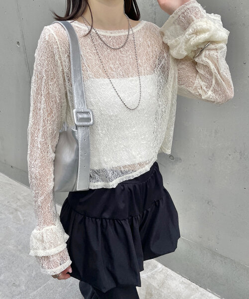 mline（エムライン）の「[mline]袖フリルレースプルオーバー（Tシャツ/カットソー・レディース・アイボリー/ブラック・FREE）」の6枚目の写真