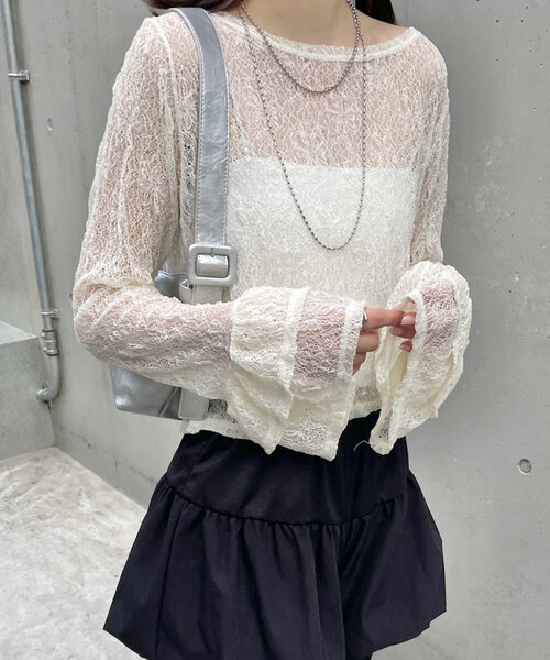 mline（エムライン）の「[mline]袖フリルレースプルオーバー（Tシャツ/カットソー・レディース・アイボリー/ブラック・FREE）」の7枚目の写真