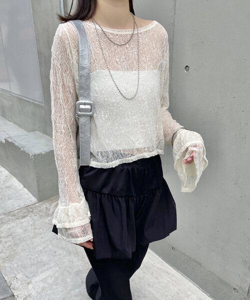 mline（エムライン）の「[mline]袖フリルレースプルオーバー（Tシャツ/カットソー・レディース・アイボリー/ブラック・FREE）」の8枚目の写真