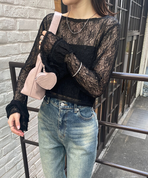 mline（エムライン）の「[mline]袖フリルレースプルオーバー（Tシャツ/カットソー・レディース・アイボリー/ブラック・FREE）」の13枚目の写真