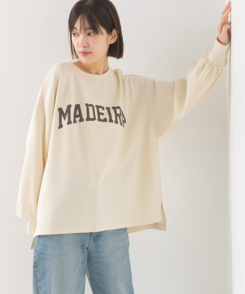 OMNES(オムネス)の「カットジョーゼットロゴプリントボリューム袖プルオーバー(Tシャツ/カットソー・レディース・ライトグレー/ブラック/アイボリー・FREE)」の1枚目の写真
