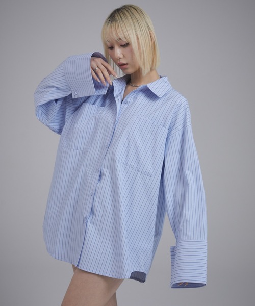 ENVYM（アンビー）の「ビックカフスオーバーサイズシャツ（シャツ/ブラウス・レディース・ブルー系その他/ブルー/ホワイト・FREE）」の5枚目の写真