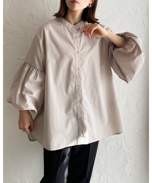 セール】スタンドカラー裾フレアバルーンスリーブボリューム袖ブラウス