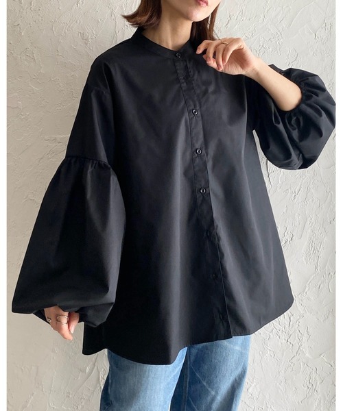 セール】スタンドカラー裾フレアバルーンスリーブボリューム袖ブラウス