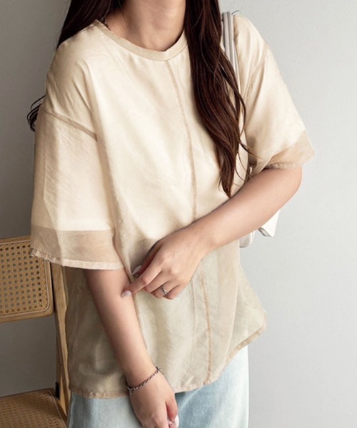 GeeRA(ジーラ)の「オーガンジーレイヤード半袖Tシャツ(Tシャツ/カットソー・レディース・サンドグレー/オフホワイト/ブラック・LARGE/X-LARGE/MEDIUM)」の1枚目の写真