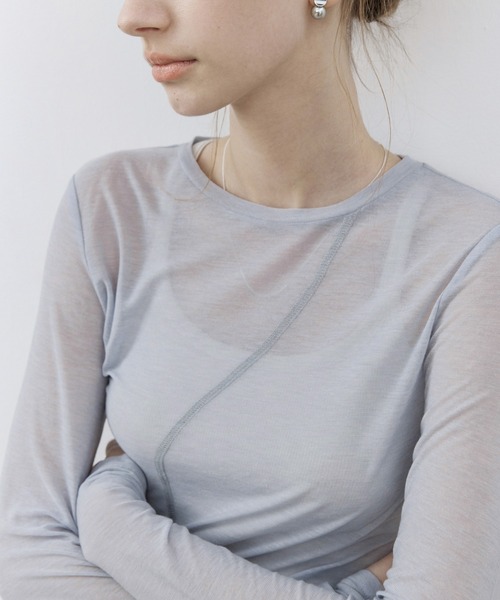 tageechita(タジチタ)の「【tageechita】アシンメトリーデザイン シアー ロングスリーブ トップス(Tシャツ/カットソー・レディース・グレイッシュベージュ/ライトブルーグレー・S/M/L)」の13枚目の写真