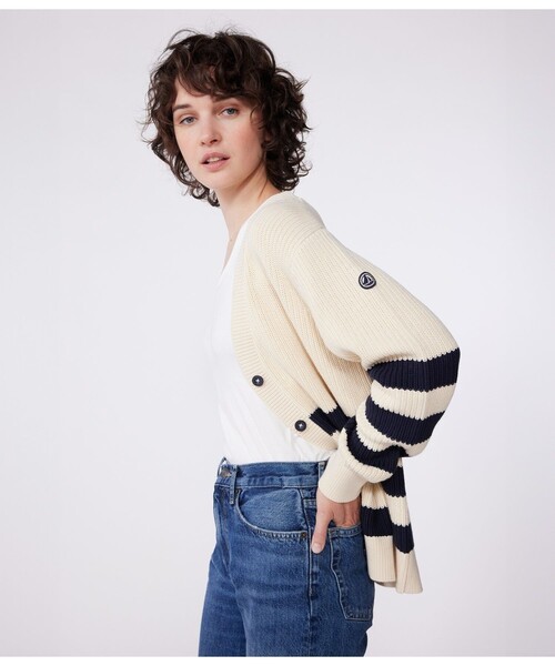 PETIT BATEAU(プチバトー)の「コットンニットカーディガン(カーディガン/ボレロ・レディース・ホワイト×ネイビー・XX-SMALL/X-SMALL/SMALL/MEDIUM/LARGE)」の3枚目の写真