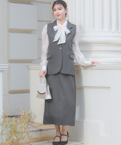 セール】スーツセット レディース シンプル ワンカラー ベスト 膝丈