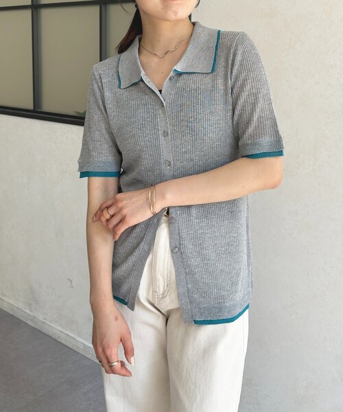 Thevon（ゼボン）の「配色襟付き5分袖ニットカーディガン（カーディガン/ボレロ・レディース・アイボリー/グレー/チャコールグレー・FREE）」の3枚目の写真