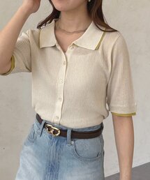 Thevon | 配色襟付き5分袖ニットカーディガン(カーディガン/ボレロ)