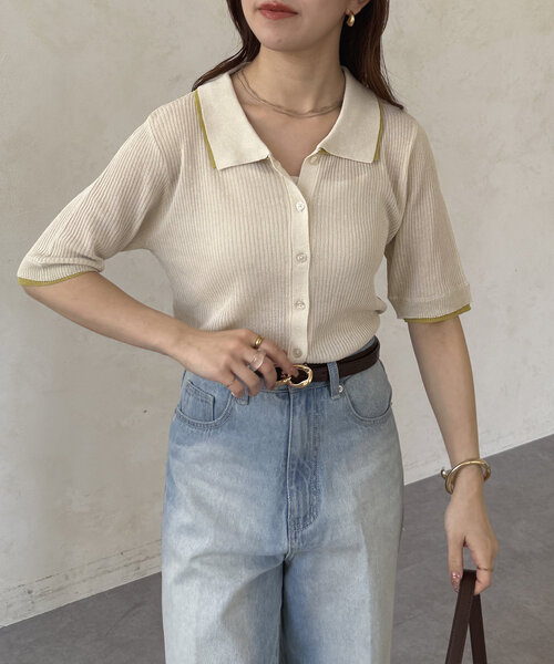 Thevon（ゼボン）の「配色襟付き5分袖ニットカーディガン（カーディガン/ボレロ・レディース・アイボリー/グレー/チャコールグレー・FREE）」の4枚目の写真