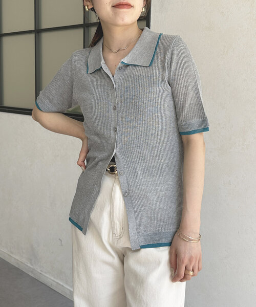 Thevon（ゼボン）の「配色襟付き5分袖ニットカーディガン（カーディガン/ボレロ・レディース・アイボリー/グレー/チャコールグレー・FREE）」の10枚目の写真