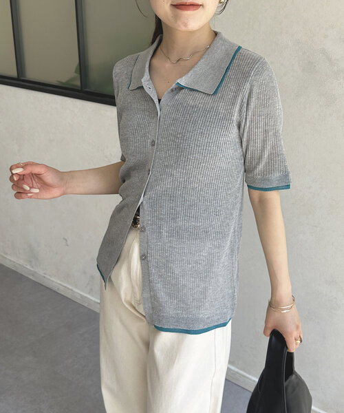 Thevon（ゼボン）の「配色襟付き5分袖ニットカーディガン（カーディガン/ボレロ・レディース・アイボリー/グレー/チャコールグレー・FREE）」の12枚目の写真