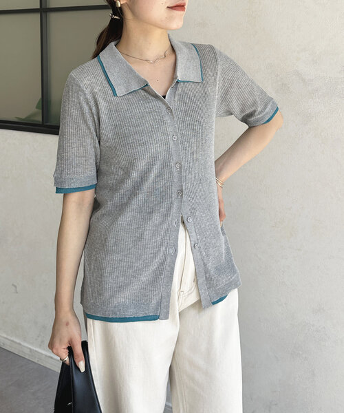 Thevon（ゼボン）の「配色襟付き5分袖ニットカーディガン（カーディガン/ボレロ・レディース・アイボリー/グレー/チャコールグレー・FREE）」の14枚目の写真