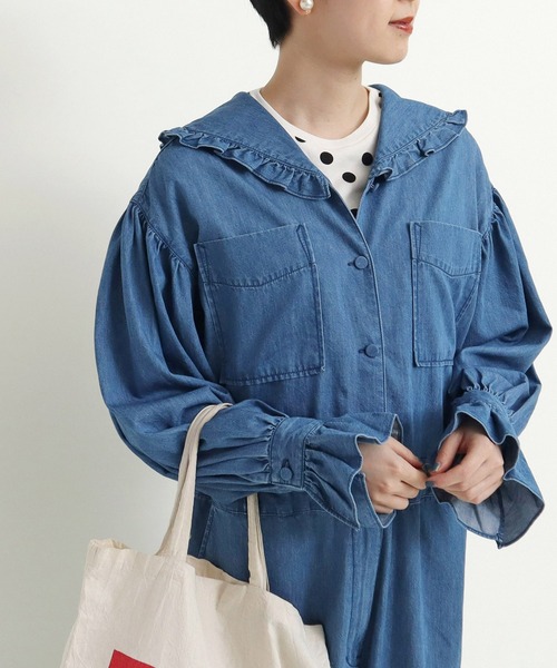 CHILD WOMAN（チャイルドウーマン）の「☆ライトオンスデニム フリルセーラージャンプスーツ（つなぎ/オールインワン・レディース・ブルー/ネイビー・FREE）」の5枚目の写真