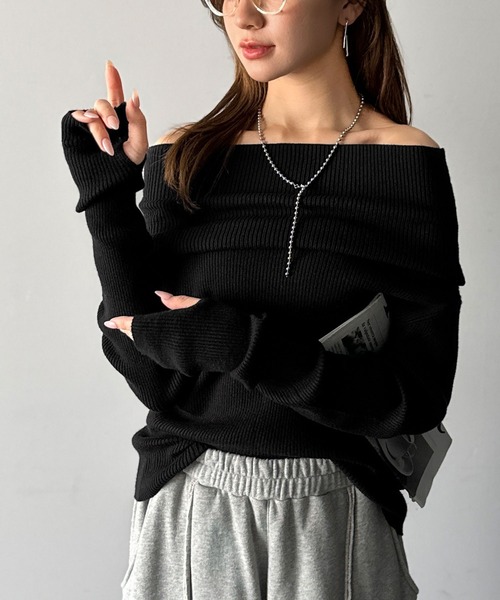 mily bilet（ミウィビレット）の「【mily bilet】立体的なシルエットが叶えるデコルテ魅せ♪指穴ドレープ使いファンオフショル２WAYリブニット（ニット/セーター・レディース・ブラック/アイボリー/ベージュ/グレー/レッド・LARGE/MEDIUM/SMALL/X-LARGE）」の14枚目の写真