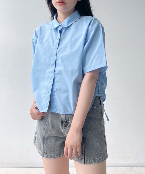 AS KNOW AS plus（アズノゥアズプラス）の「●サイドシャーリングリボンデザイン 半袖ビジューシャツ（シャツ/ブラウス・レディース・サックスブルー/オフホワイト/ネイビー系・FREE）」の12枚目の写真