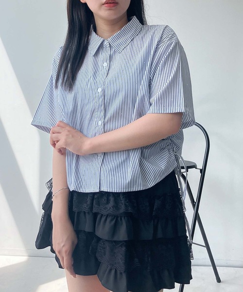 AS KNOW AS plus（アズノゥアズプラス）の「●サイドシャーリングリボンデザイン 半袖ビジューシャツ（シャツ/ブラウス・レディース・サックスブルー/オフホワイト/ネイビー系・FREE）」の17枚目の写真