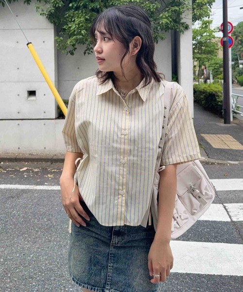 AS KNOW AS plus(アズノゥアズプラス)の「●サイドシャーリングリボンデザイン 半袖ビジューシャツ(シャツ/ブラウス・レディース・サックスブルー/オフホワイト/ネイビー系/ピンク系/イエロー系・FREE)」の19枚目の写真