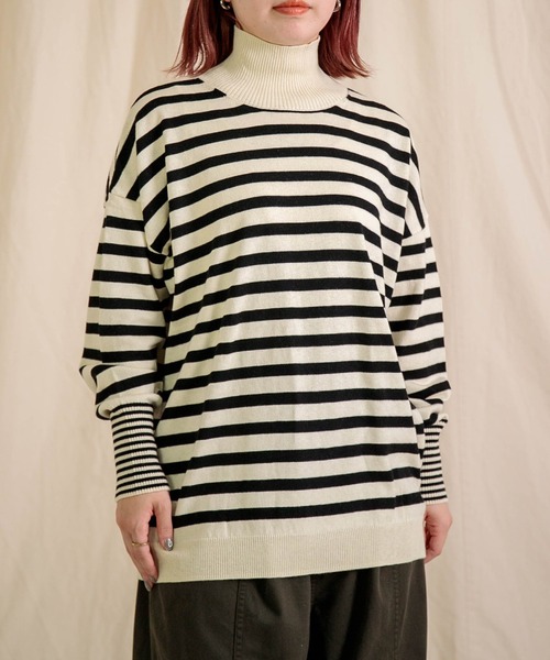 prit] コットンウール12G天竺編みボーダー タートルネックワイドプル