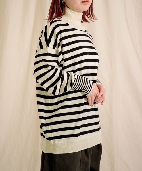 prit] コットンウール12G天竺編みボーダー タートルネックワイドプル