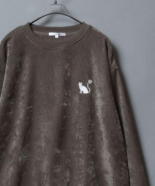 ANPAS（アンパス）の「Stretch Kersey Cat Embroidery Brushed SweatShirt/ストレッチカルゼ ワンポイント 猫 花 モチーフ 刺繍 起毛 スウェット トレーナー メンズ レディース（スウェット・メンズ・アイボリー/カーキ/チャコール・M/L）」の3枚目の写真