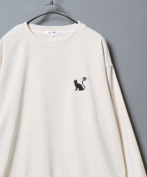 ANPAS（アンパス）の「Stretch Kersey Cat Embroidery Brushed SweatShirt/ストレッチカルゼ ワンポイント 猫 花 モチーフ 刺繍 起毛 スウェット トレーナー メンズ レディース（スウェット・メンズ・アイボリー/カーキ/チャコール・M/L）」の2枚目の写真