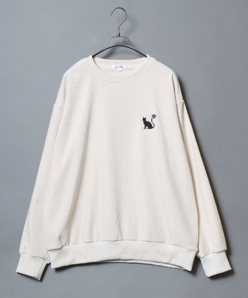 ANPAS（アンパス）の「Stretch Kersey Cat Embroidery Brushed SweatShirt/ストレッチカルゼ ワンポイント 猫 花 モチーフ 刺繍 起毛 スウェット トレーナー メンズ レディース（スウェット・メンズ・アイボリー/カーキ/チャコール・M/L）」の4枚目の写真