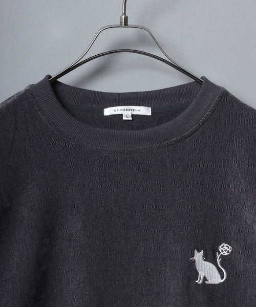 ANPAS（アンパス）の「Stretch Kersey Cat Embroidery Brushed SweatShirt/ストレッチカルゼ ワンポイント 猫 花 モチーフ 刺繍 起毛 スウェット トレーナー メンズ レディース（スウェット・メンズ・アイボリー/カーキ/チャコール・M/L）」の10枚目の写真
