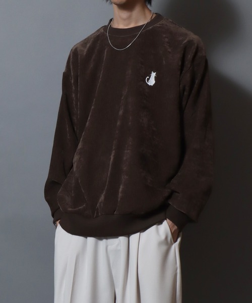 ANPAS(アンパス)の「Stretch Kersey Cat Embroidery Brushed Sweat-Shirt/ストレッチカルゼ ワンポイント 猫モチーフ 刺繍 起毛 スウェット トレーナー メンズ レディース カットソー トップス 秋冬(スウェット・メンズ・アイボリー/カーキ/チャコール・M/L)」の10枚目の写真
